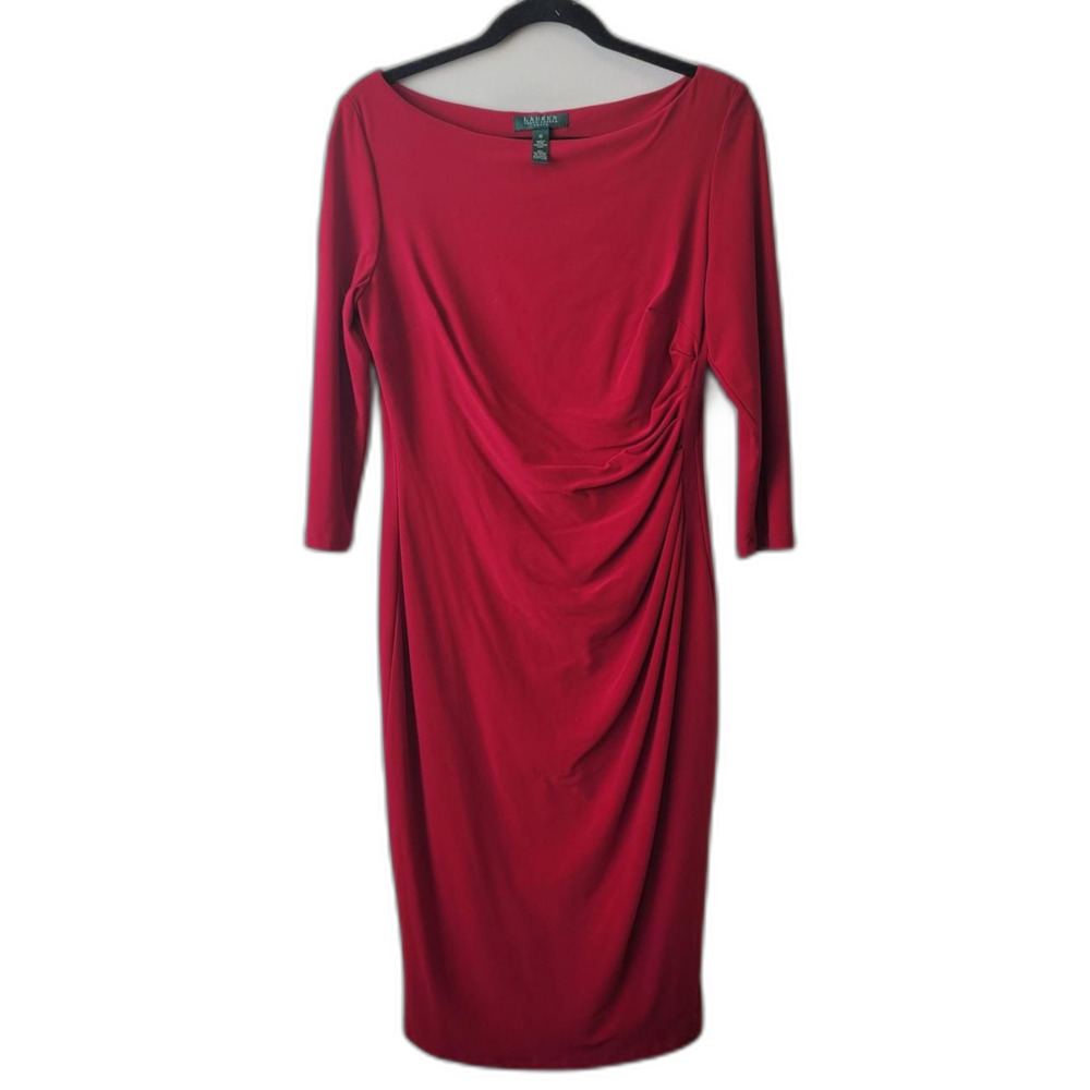 Ralph Lauren Red Draped Neck Dress 3/4 Sleeve Size 10 Cocktail